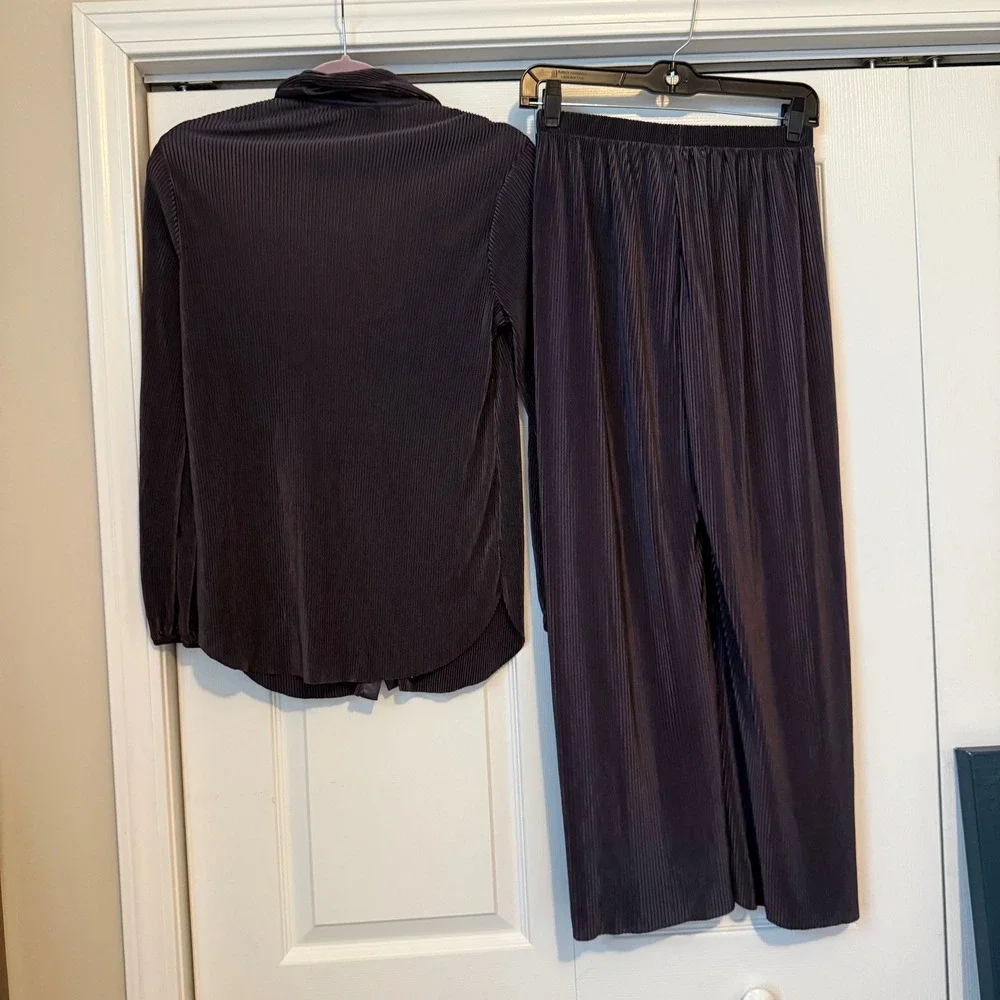 RO&DE Womens Plisse Pleated 2 Piece Set Shirt and Pants Purple Small AGU9038T